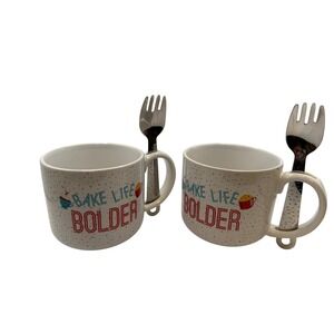 Gemma's Mug Meals Coffee Mugs with Fork Utensil BAKE LIFE BOLDER Set New